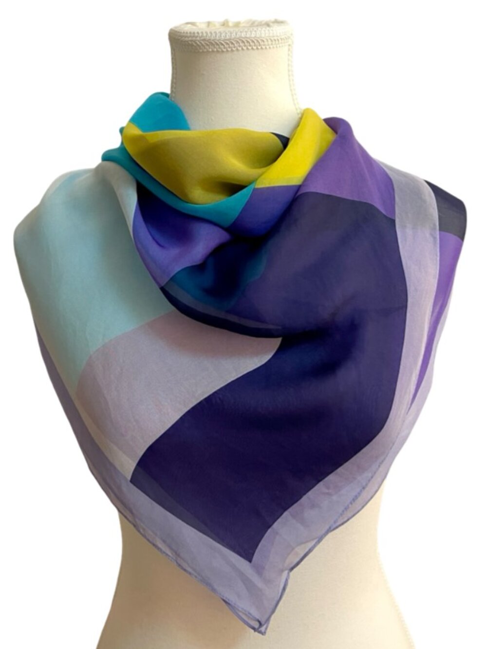 Anne Klein Silk Scarf 35 x 36 Color Block Blue Purple Yellow